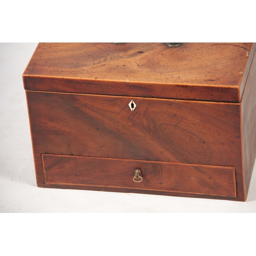 919 - A GEORGE III FLAMED MAHOGANY BOX-WOOD STRUNG DEED BOX with swan-neck carrying handle and hinged lid ... 