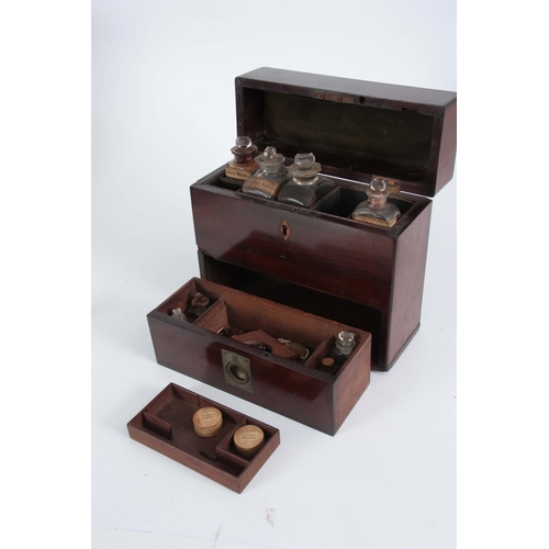 923 - A GEORGE III MAHOGANY APOTHECARY BOX with hinged lid and front opening drawer.  Brass swan-necked ha... 