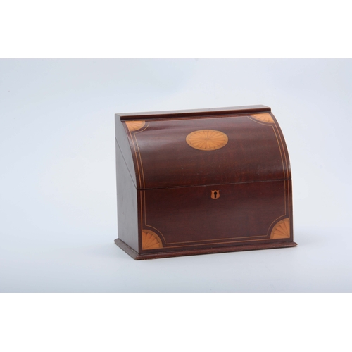 926 - AN EDWARDIAN DOME FRONTED INLAID MAHOGANY STATIONARY BOX with fan inlaid corners and centre plaque, ... 