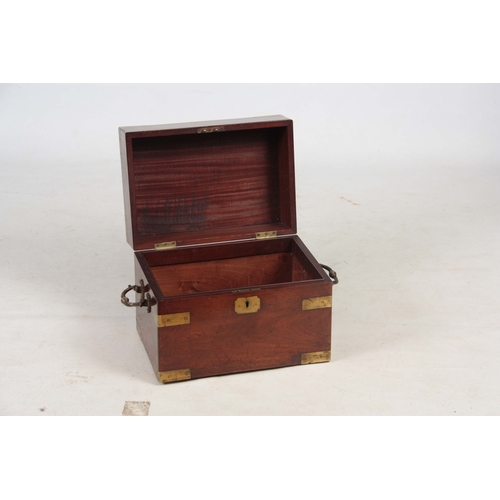 927 - AN 18TH CENTURY MAHOGANY BRASS BOUND BOX with Rococo shaped carrying handles and hinged lid 43cm 28c... 