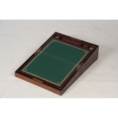 928 - A 19TH CENTURY BRASS, PEWTER AND MOTHER OF PEARL INLAID ROSEWOOD WRITING SLOPE with hinged leather a... 