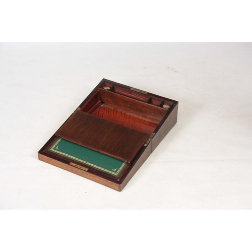 928 - A 19TH CENTURY BRASS, PEWTER AND MOTHER OF PEARL INLAID ROSEWOOD WRITING SLOPE with hinged leather a... 