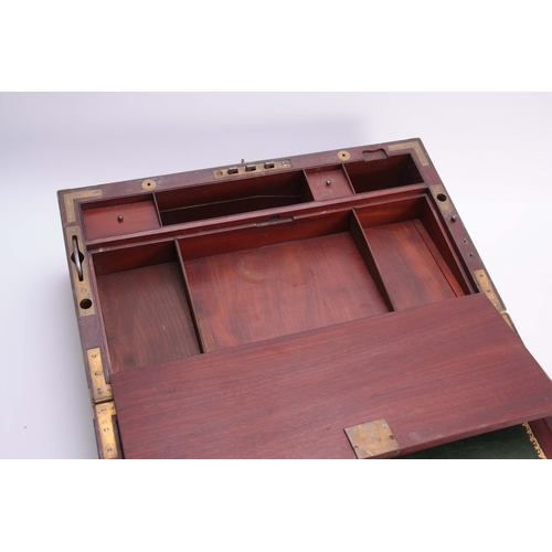 929 - A FINE LATE GEORGIAN BRASS BOUND MAHOGANY GENTLEMAN'S CAMPAIGN WRITING SLOPE WITH FITTED DRESSING DR... 