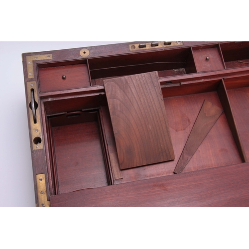 929 - A FINE LATE GEORGIAN BRASS BOUND MAHOGANY GENTLEMAN'S CAMPAIGN WRITING SLOPE WITH FITTED DRESSING DR... 