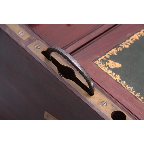 929 - A FINE LATE GEORGIAN BRASS BOUND MAHOGANY GENTLEMAN'S CAMPAIGN WRITING SLOPE WITH FITTED DRESSING DR... 