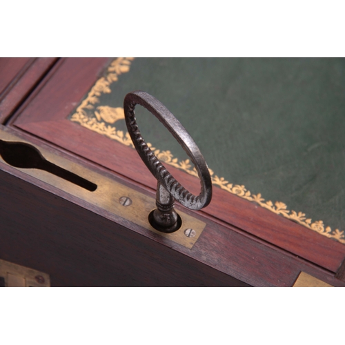 929 - A FINE LATE GEORGIAN BRASS BOUND MAHOGANY GENTLEMAN'S CAMPAIGN WRITING SLOPE WITH FITTED DRESSING DR... 