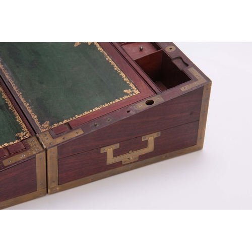 929 - A FINE LATE GEORGIAN BRASS BOUND MAHOGANY GENTLEMAN'S CAMPAIGN WRITING SLOPE WITH FITTED DRESSING DR... 