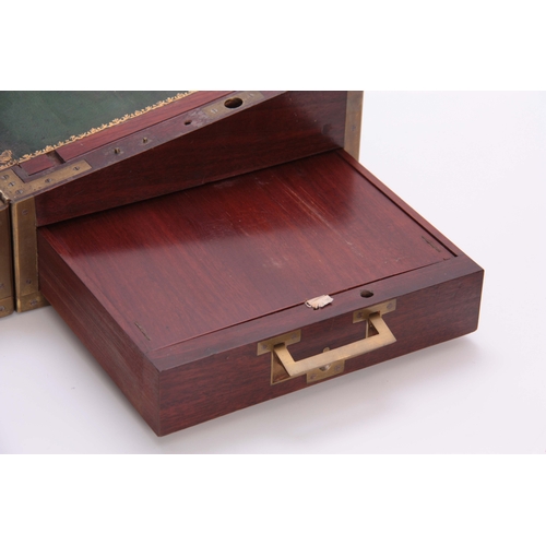 929 - A FINE LATE GEORGIAN BRASS BOUND MAHOGANY GENTLEMAN'S CAMPAIGN WRITING SLOPE WITH FITTED DRESSING DR... 