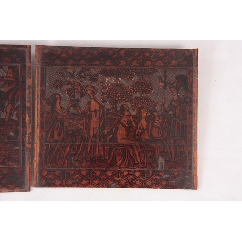 931 - AN INTERESTING PAIR OF 16TH CENTURY ITALIAN CARVED AND INK WORK FRUITWOOD PANELS depicting a castle ... 