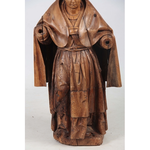 934 - AN EARLY 15TH / 16TH CENTURY CARVED FRUITWOOD FIGURE OF A POPE 113cm high.