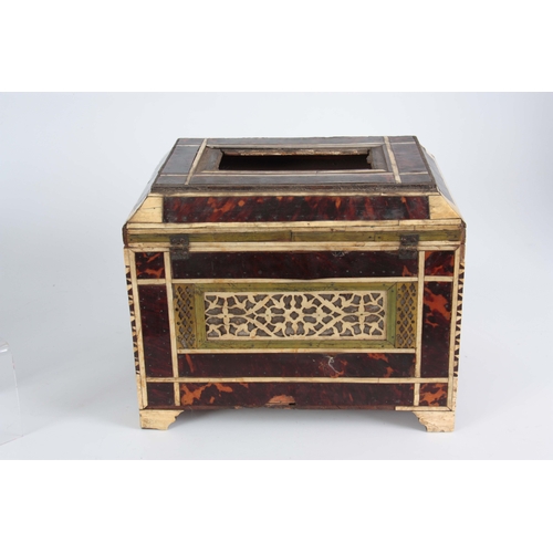 944 - A LATE 17th CENTURY INDO-PORTUGUESE TORTOISESHELL, HORN AND IVORY BANDED CASKET having mirrored back... 