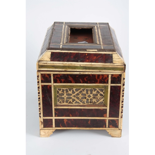 944 - A LATE 17th CENTURY INDO-PORTUGUESE TORTOISESHELL, HORN AND IVORY BANDED CASKET having mirrored back... 