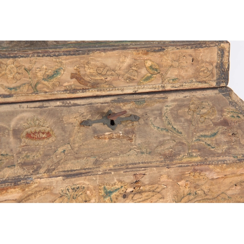 945 - A 17th CENTURY STUMPWORK CASKET having hinged doors to the front opening to reveal velvet-lined draw... 