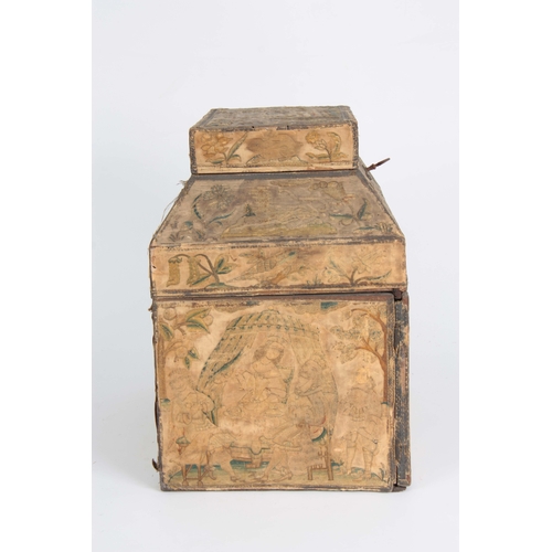 945 - A 17th CENTURY STUMPWORK CASKET having hinged doors to the front opening to reveal velvet-lined draw... 