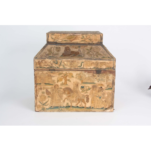 945 - A 17th CENTURY STUMPWORK CASKET having hinged doors to the front opening to reveal velvet-lined draw... 