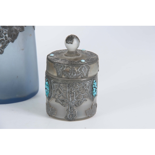 954 - A 20TH CENTURY SUITE OF ARTS AND CRAFTS PEWTER MOUNTED GLASSWARE including a tapering cylindrical va... 