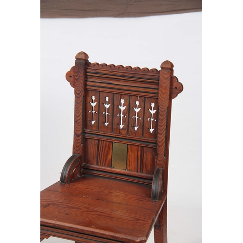 959 - A PAIR OF LATE 19TH CENTURY AESTHETIC PERIOD GOTHIC REVIVAL PITCH PINE HALL CHAIRS IN THE MANER OF A... 