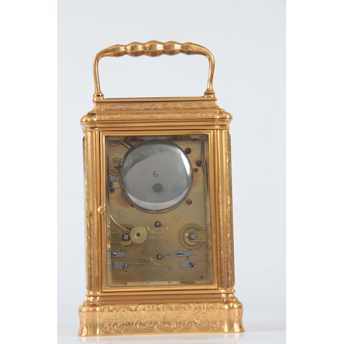 969 - A LATE 19TH CENTURY FRENCH FULLY ENGRAVED GORGE CASED REPEATING CARRIAGE CLOCK the foliate and scrol... 