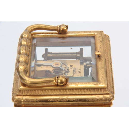 970 - A 19TH CENTURY FRENCH GILT BRASS ENGRAVED GORGE CASE CARRIAGE CLOCK REPEATER with folding handle and... 