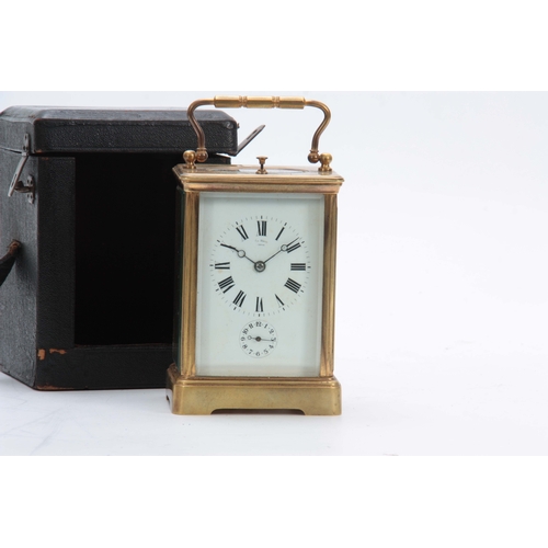 977 - A LATE 19th CENTURY FRENCH GRAND SONNERIE REPEATING CARRIAGE CLOCK the brass corniche case enclosing... 