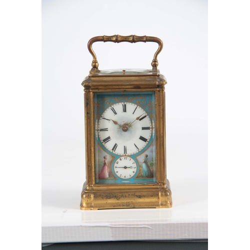 982 - A 19TH CENTURY FRENCH GILT BRASS GORGE CASE REPEATING CARRIAGE CLOCK WITH ALARM the Sevres style por... 