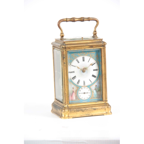 982 - A 19TH CENTURY FRENCH GILT BRASS GORGE CASE REPEATING CARRIAGE CLOCK WITH ALARM the Sevres style por... 