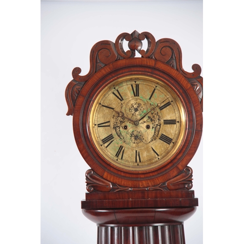 991 - ROLMALSTON, DUNFERMLINE. A LATE REGENCY SCOTTISH MAHOGANY DRUM HEAD LONGCASE CLOCK, having a carved ... 