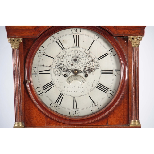 995 - BENJAMIN SMITH, ALFRETON. A GEORGE III OAK CASED LONGCASE CLOCK having a swan neck pediment above a ... 