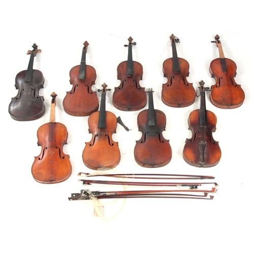 771 - A COLLECTION OF 9 VIOLINS AND 8 VIOLIN BOWS including a branded Stainer below the button, length of ... 