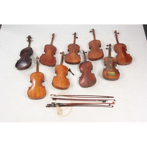 771 - A COLLECTION OF 9 VIOLINS AND 8 VIOLIN BOWS including a branded Stainer below the button, length of ... 