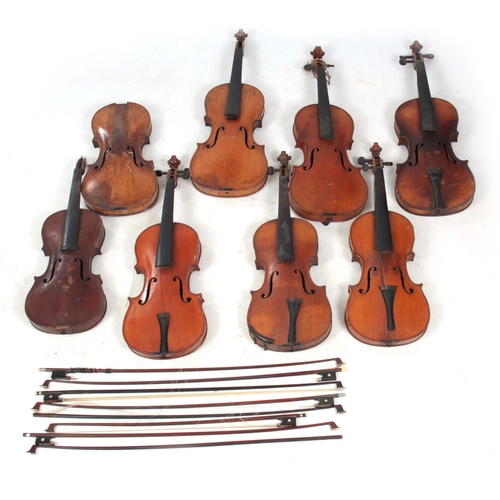 777 - A COLLECTION OF 7 VIOLINS, 8 VIOLIN BOWS AND 1 VIOLIN BODY, the violin body being an interesting, ea... 