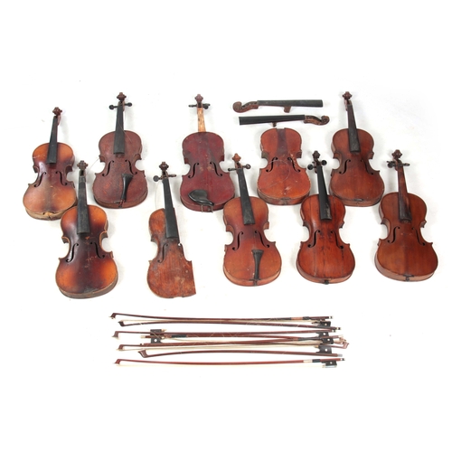 778 - A COLLECTION OF 10 VIOLINS, VIOLIN PARTS AND 8 BOWS including an interesting early violin and an Eng... 