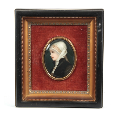 780 - A 19TH CENTURY ART NOUVEAU STYLE PORCELAIN MINIATURE PORTRAIT depicting a young Lady dressed in clas... 