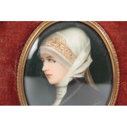 780 - A 19TH CENTURY ART NOUVEAU STYLE PORCELAIN MINIATURE PORTRAIT depicting a young Lady dressed in clas... 