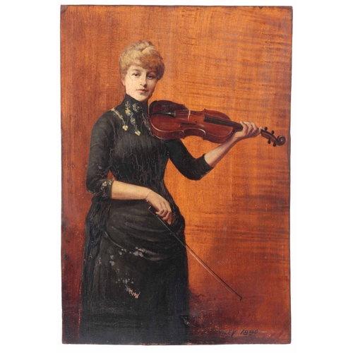 783 - J.R. CRAWLEY. OIL ON BOARD. A late 19th portrait of a well-dressed lady playing the violin on fiddle... 