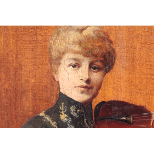 783 - J.R. CRAWLEY. OIL ON BOARD. A late 19th portrait of a well-dressed lady playing the violin on fiddle... 