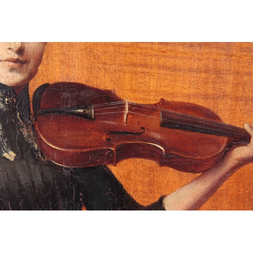 783 - J.R. CRAWLEY. OIL ON BOARD. A late 19th portrait of a well-dressed lady playing the violin on fiddle... 