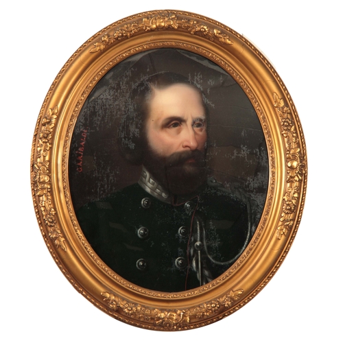 787 - A 19TH CENTURY OIL ON CANVAS ATTACHED TO CONVEX GLASS OF GARIBALDI 44cm high 36cm wide - in an oval ... 