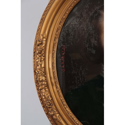 787 - A 19TH CENTURY OIL ON CANVAS ATTACHED TO CONVEX GLASS OF GARIBALDI 44cm high 36cm wide - in an oval ... 