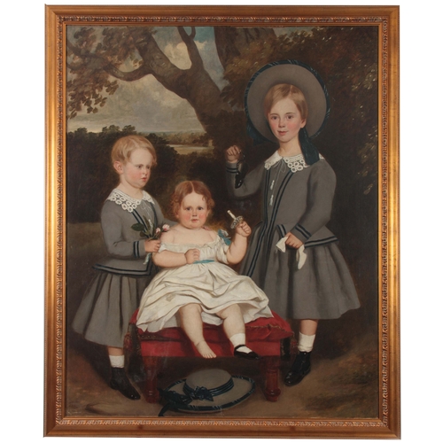 793 - EDMOND GILL 1820 - 1894. AN AMERICAN PRIMITIVE SCHOOL FAMILY PORTRAIT OIL ON CANVAS  of 3 children 1... 