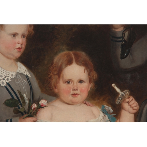 793 - EDMOND GILL 1820 - 1894. AN AMERICAN PRIMITIVE SCHOOL FAMILY PORTRAIT OIL ON CANVAS  of 3 children 1... 