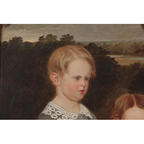 793 - EDMOND GILL 1820 - 1894. AN AMERICAN PRIMITIVE SCHOOL FAMILY PORTRAIT OIL ON CANVAS  of 3 children 1... 