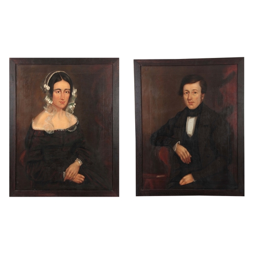 798 - A PAIR OF 19TH CENTURY OIL ON CANVAS PORTRAITS OF A LADY AND GENTLEMAN 90cm high 70cm wide - in stai... 