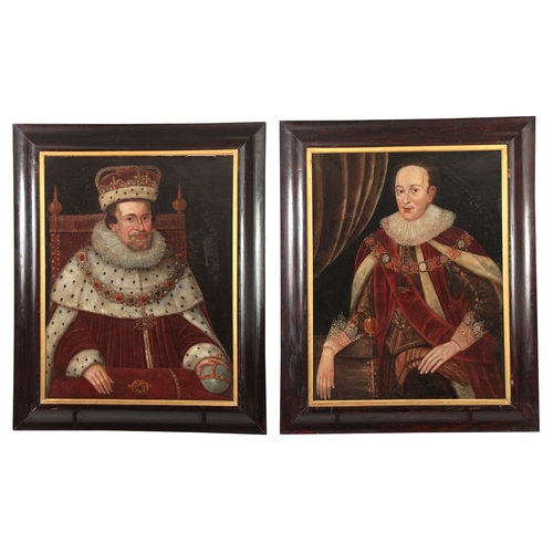 799 - A PAIR OF 17TH CENTURY OIL ON CANVAS PORTRAITS ONE OF JAMES I AND THE OTHER OF HENRY PRINCE OF WALES... 