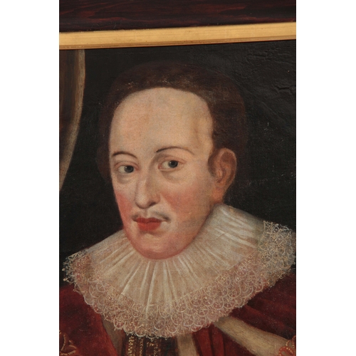 799 - A PAIR OF 17TH CENTURY OIL ON CANVAS PORTRAITS ONE OF JAMES I AND THE OTHER OF HENRY PRINCE OF WALES... 