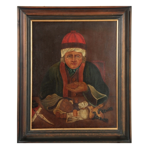 803 - A LATE 19TH CENTURY OIL ON BOARD OF THE MONEY LENDER 54cm high 43cm - in a modern pine frame with gi... 