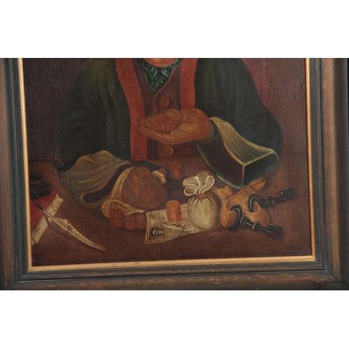 803 - A LATE 19TH CENTURY OIL ON BOARD OF THE MONEY LENDER 54cm high 43cm - in a modern pine frame with gi... 