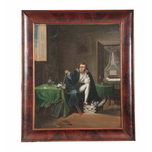 805 - 19TH CENTURY OIL ON CANVAS. Interior scene with seated portrait of a gentleman 60cm high, 50cm wide ... 