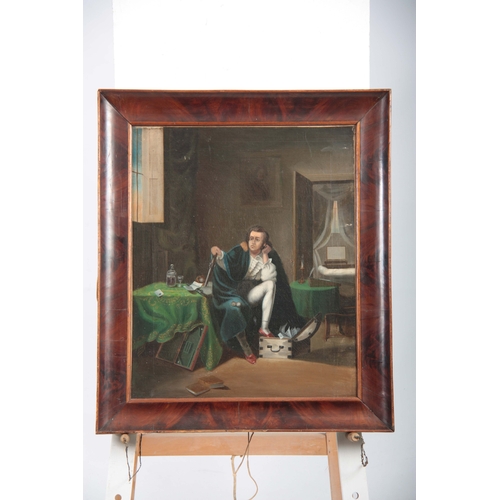 805 - 19TH CENTURY OIL ON CANVAS. Interior scene with seated portrait of a gentleman 60cm high, 50cm wide ... 