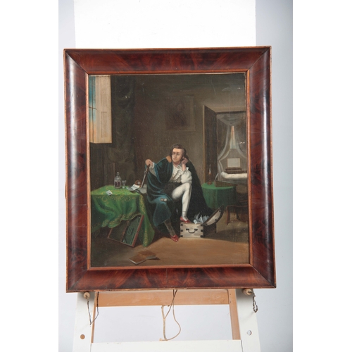 805 - 19TH CENTURY OIL ON CANVAS. Interior scene with seated portrait of a gentleman 60cm high, 50cm wide ... 